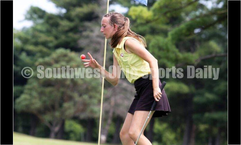 Fenwick High School's Amelia Snyder reacts after making a putt Aug. 6, 2021, during a Greater Catholic League Coed Division girls golf match against Dayton Carroll at Brown's Run Country Club. Fenwick won 172-188. RICK CASSANO/STAFF