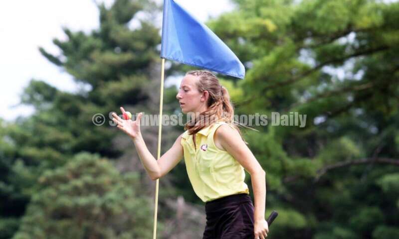 Fenwick High School's Amelia Snyder reacts after making a putt Aug. 6, 2021, during a Greater Catholic League Coed Division girls golf match against Dayton Carroll at Brown's Run Country Club. Fenwick won 172-188. RICK CASSANO/STAFF