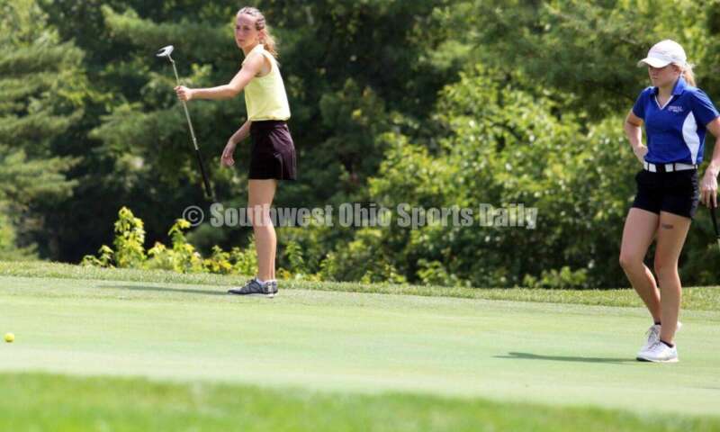 Fenwick High School's Amelia Snyder (left) reacts to a putt Aug. 6, 2021, during a Greater Catholic League Coed Division girls golf match against Dayton Carroll at Brown's Run Country Club. Fenwick won 172-188. RICK CASSANO/STAFF