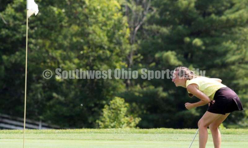 Fenwick High School's Amelia Snyder reacts to a putt Aug. 6, 2021, during a Greater Catholic League Coed Division girls golf match against Dayton Carroll at Brown's Run Country Club. Fenwick won 172-188. RICK CASSANO/STAFF