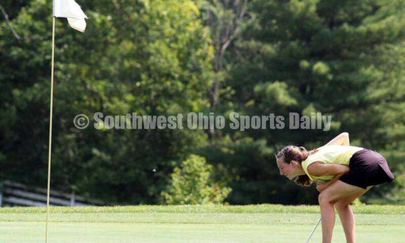 Fenwick High School's Amelia Snyder reacts to a putt Aug. 6, 2021, during a Greater Catholic League Coed Division girls golf match against Dayton Carroll at Brown's Run Country Club. Fenwick won 172-188. RICK CASSANO/STAFF