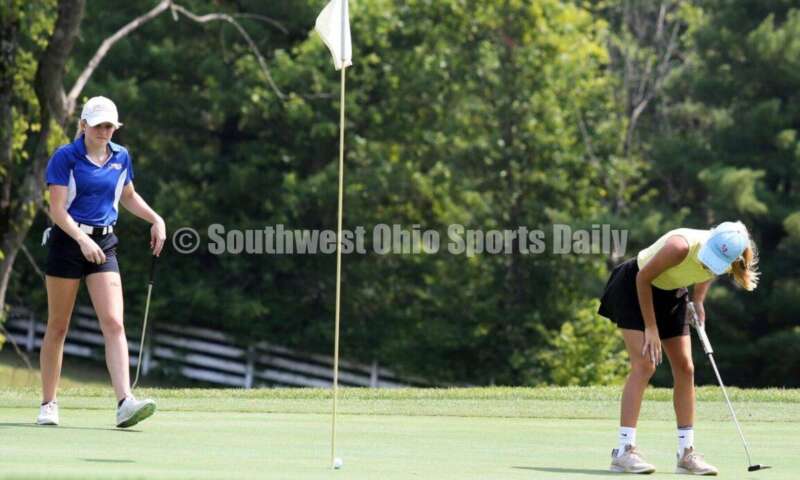 Fenwick High School's Jocelyn Wright reacts to a putt Aug. 6, 2021, during a Greater Catholic League Coed Division girls golf match against Dayton Carroll at Brown's Run Country Club. Fenwick won 172-188. RICK CASSANO/STAFF