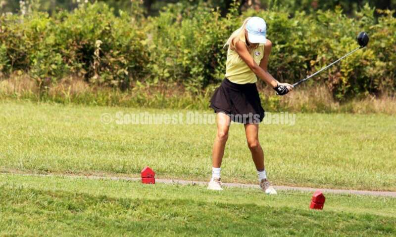 Fenwick High School's Jocelyn Wright tees off Aug. 6, 2021, during a Greater Catholic League Coed Division girls golf match against Dayton Carroll at Brown's Run Country Club. Fenwick won 172-188. RICK CASSANO/STAFF