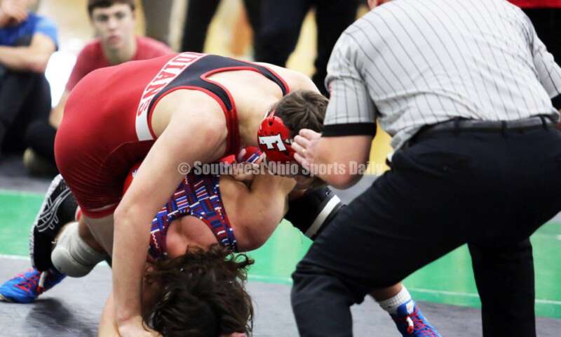 Fairfield High School's Lane Abrams has the upper hand on Marysville's Erryl Will in a 165-pound match Dec. 19, 2021, during the Southwest Ohio Wrestling Coaches Association Coaches Classic at Harrison High School. RICK CASSANO/STAFF