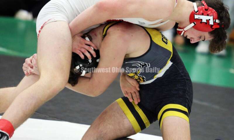 Fairfield High School's Lane Abrams is on top of Centerville's Aydan George in a 165-pound match Dec. 19, 2021, during the Southwest Ohio Wrestling Coaches Association Coaches Classic at Harrison High School. RICK CASSANO/STAFF