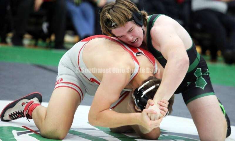Badin High School's Ely Emmons (right) competes with Brecksville's Max Vanadia in the 215-pound championship match Dec. 19, 2021, during the Southwest Ohio Wrestling Coaches Association Coaches Classic at Harrison High School. RICK CASSANO/STAFF