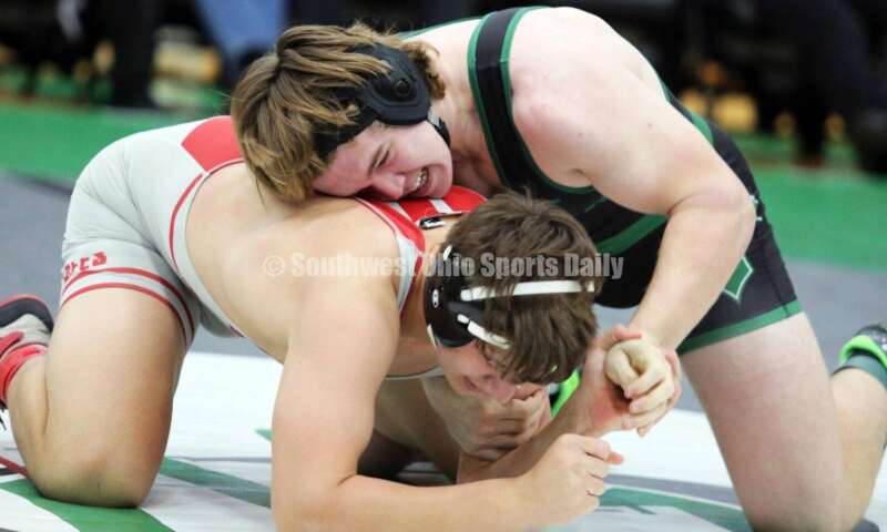 Badin High School's Ely Emmons (right) competes with Brecksville's Max Vanadia in the 215-pound championship match Dec. 19, 2021, during the Southwest Ohio Wrestling Coaches Association Coaches Classic at Harrison High School. RICK CASSANO/STAFF