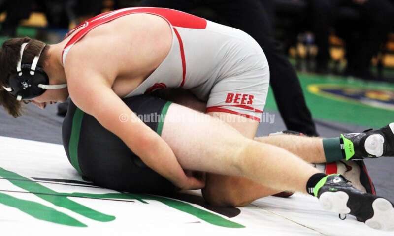 Brecksville High School's Max Vanadia has the upper hand against Badin's Ely Emmons in the 215-pound championship match Dec. 19, 2021, during the Southwest Ohio Wrestling Coaches Association Coaches Classic at Harrison High School. RICK CASSANO/STAFF