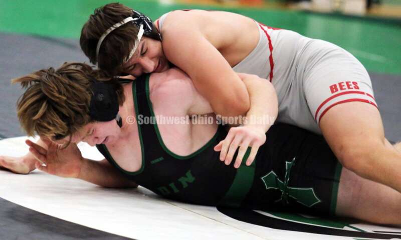 Brecksville High School's Max Vanadia is on top of Badin's Ely Emmons in the 215-pound championship match Dec. 19, 2021, during the Southwest Ohio Wrestling Coaches Association Coaches Classic at Harrison High School. RICK CASSANO/STAFF