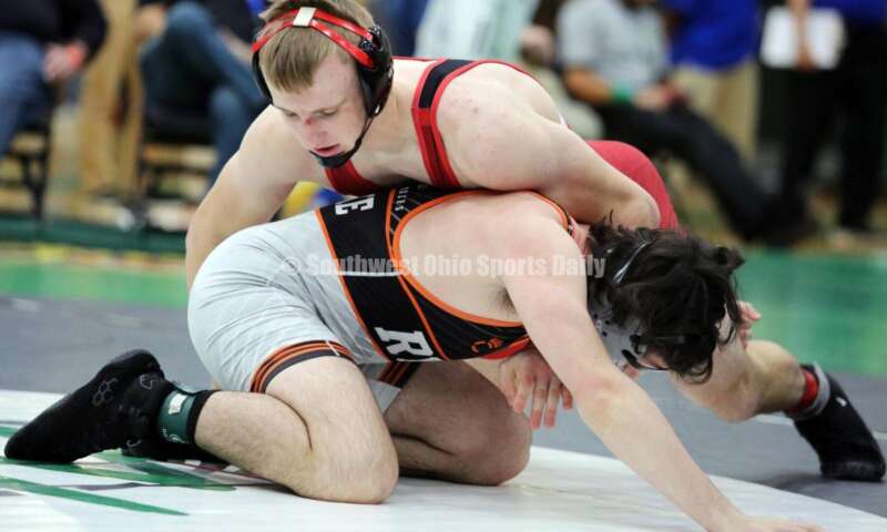 Fairfield High School's Evan Huxsoll controls Caleb Duke of Ryle (Ky.) in a 175-pound match Dec. 19, 2021, during the Southwest Ohio Wrestling Coaches Association Coaches Classic at Harrison High School. RICK CASSANO/STAFF