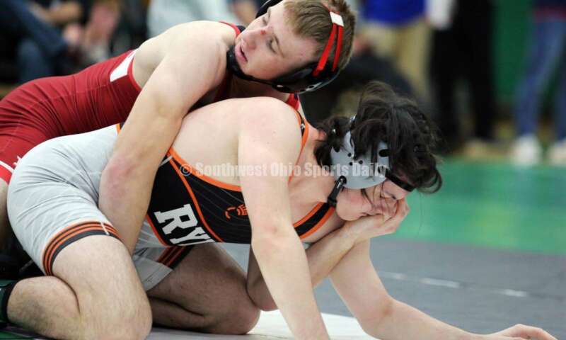 Fairfield High School's Evan Huxsoll is on top of Caleb Duke of Ryle (Ky.) in a 175-pound match Dec. 19, 2021, during the Southwest Ohio Wrestling Coaches Association Coaches Classic at Harrison High School. RICK CASSANO/STAFF