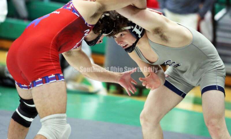 Edgewood High School's Aiden Rader (right) competes with Marysville's Erryl Will in a 165-pound match Dec. 19, 2021, during the Southwest Ohio Wrestling Coaches Association Coaches Classic at Harrison High School. RICK CASSANO/STAFF