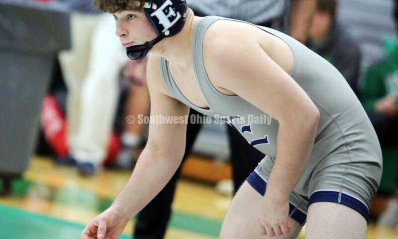 Edgewood High School's Aiden Rader eyes Marysville's Erryl Will in a 165-pound match Dec. 19, 2021, during the Southwest Ohio Wrestling Coaches Association Coaches Classic at Harrison High School. RICK CASSANO/STAFF