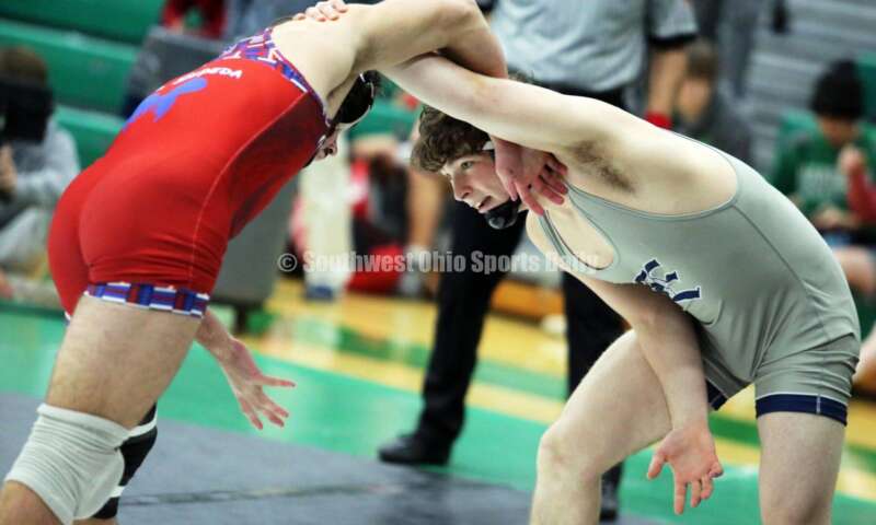 Edgewood High School's Aiden Rader (right) and Marysville's Erryl Will compete in a 165-pound match Dec. 19, 2021, during the Southwest Ohio Wrestling Coaches Association Coaches Classic at Harrison High School. RICK CASSANO/STAFF