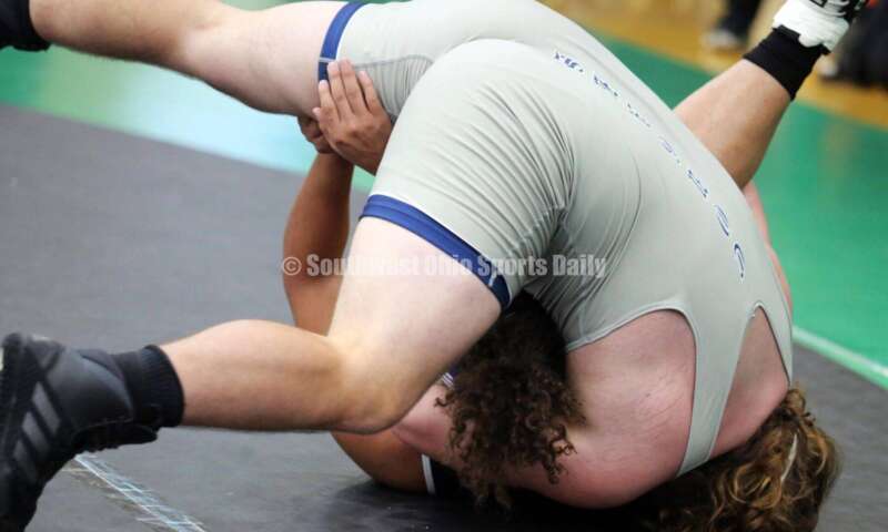 Edgewood High School's Radical Rothermel controls Northwest's Makarrie Harden in a 285-pound match Dec. 19, 2021, during the Southwest Ohio Wrestling Coaches Association Coaches Classic at Harrison High School. RICK CASSANO/STAFF