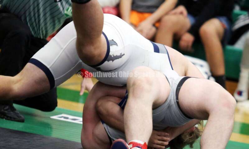 Edgewood High School's Radical Rothermel has the upper hand on Wyoming's Bruce Wagers in a 285-pound match Dec. 19, 2021, during the Southwest Ohio Wrestling Coaches Association Coaches Classic at Harrison High School. RICK CASSANO/STAFF