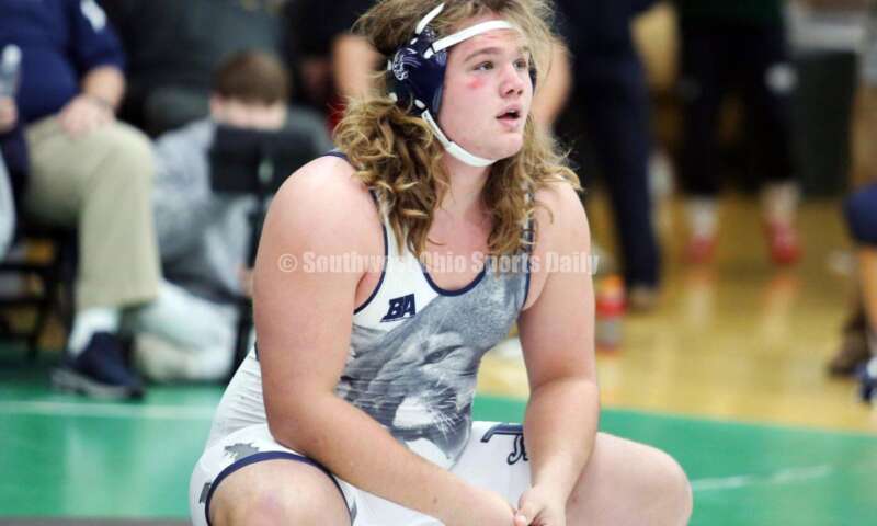 Edgewood High School's Radical Rothermel takes a short break in a 285-pound match against Wyoming's Bruce Wagers on Dec. 19, 2021, during the Southwest Ohio Wrestling Coaches Association Coaches Classic at Harrison High School. RICK CASSANO/STAFF