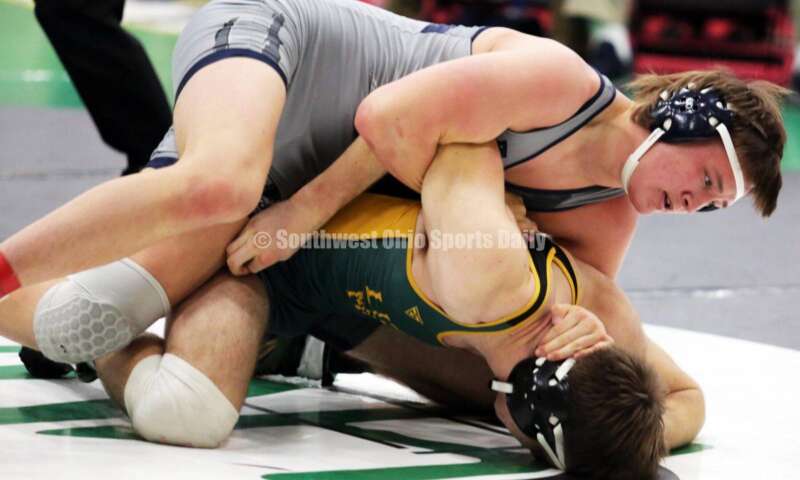 Edgewood High School's Wyatt Walker handles Little Miami's Brentan Simmerman in a 215-pound match Dec. 19, 2021, during the Southwest Ohio Wrestling Coaches Association Coaches Classic at Harrison High School. RICK CASSANO/STAFF