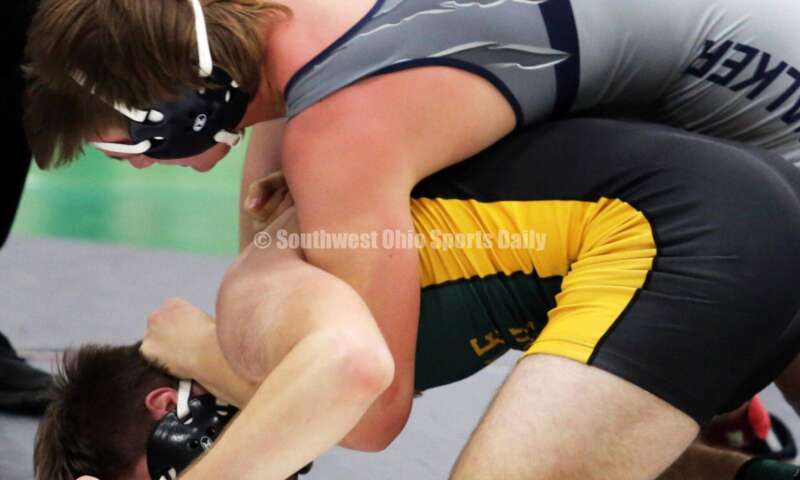 Edgewood High School's Wyatt Walker is on top of Little Miami's Brentan Simmerman in a 215-pound match Dec. 19, 2021, during the Southwest Ohio Wrestling Coaches Association Coaches Classic at Harrison High School. RICK CASSANO/STAFF
