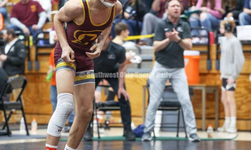 Ross High School's Jordan Miller maneuvers against Granville's Peyton Costa during the 106-pound third-place match at the Division II district wrestling tournament March 5, 2022, in Wilmington. RON ALVEY/CONTRIBUTOR