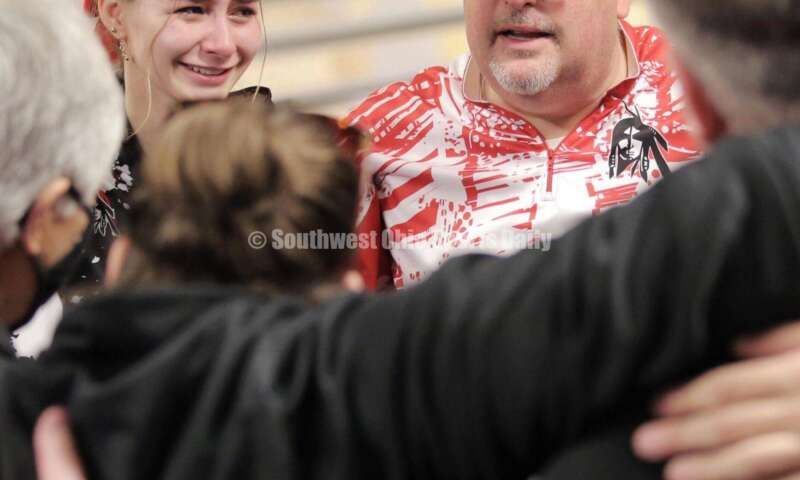 Fairfield High School coach Bob Bowen talks to his team March 12, 2022, after the Division I state girls bowling tournament at Wayne Webb's Columbus Bowl. RICK CASSANO/STAFF