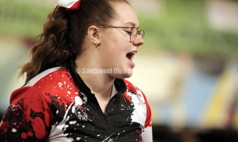 Fairfield High School's Katie Dashley reacts to a shot March 12, 2022, during the Division I state girls bowling tournament at Wayne Webb's Columbus Bowl. RICK CASSANO/STAFF