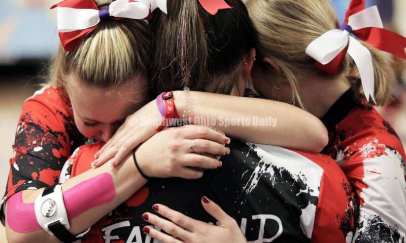 Fairfield High School's Haleigh Wallace (left), Vanessa Roese (center) and Lexie Kidd show their emotions March 12, 2022, after the Division I state girls bowling tournament at Wayne Webb's Columbus Bowl. RICK CASSANO/STAFF
