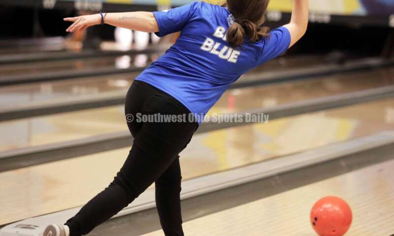 Hamilton High School's Shelbie Deaton takes a shot March 12, 2022, during the Division I state girls bowling tournament at Wayne Webb's Columbus Bowl. RICK CASSANO/STAFF