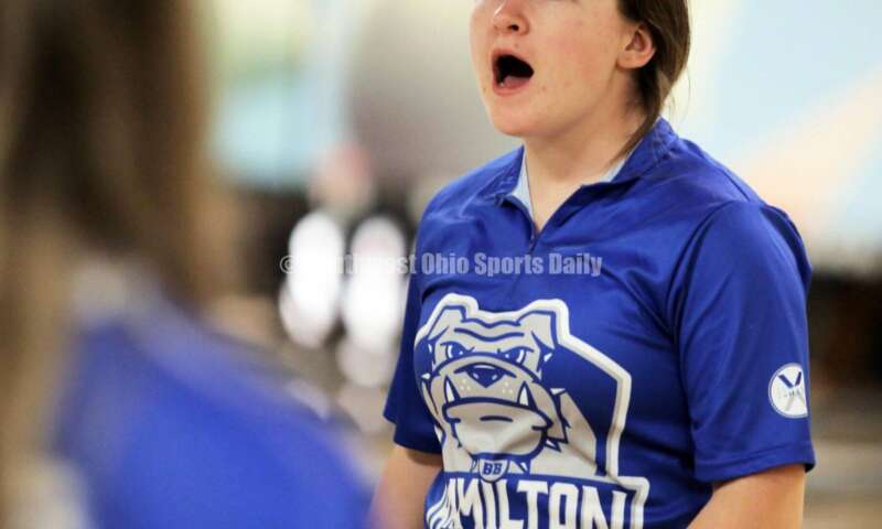 Hamilton High School's Shelbie Deaton reacts to a strike March 12, 2022, during the Division I state girls bowling tournament at Wayne Webb's Columbus Bowl. RICK CASSANO/STAFF