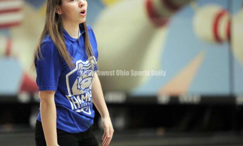 Hamilton High School's Emily Brunner reacts to a shot March 12, 2022, during the Division I state girls bowling tournament at Wayne Webb's Columbus Bowl. RICK CASSANO/STAFF