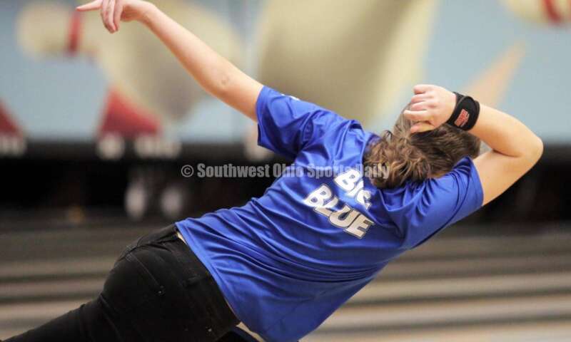 Hamilton High School's Lilly Arvin follows through on a shot March 12, 2022, during the Division I state girls bowling tournament at Wayne Webb's Columbus Bowl. RICK CASSANO/STAFF