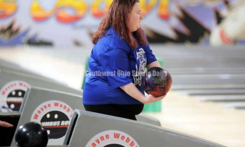 Hamilton High School's Madison Harnish lines up a shot March 12, 2022, during the Division I state girls bowling tournament at Wayne Webb's Columbus Bowl. RICK CASSANO/STAFF