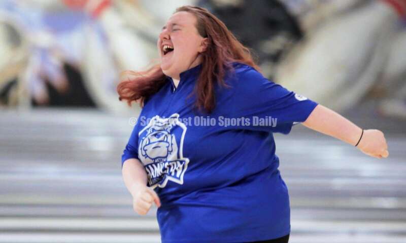 Hamilton High School's Madison Harnish reacts to a strike March 12, 2022, during the Division I state girls bowling tournament at Wayne Webb's Columbus Bowl. RICK CASSANO/STAFF