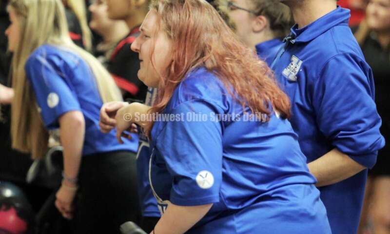 Hamilton High School coach Nick Arvin and Big Blue players watch a shot March 12, 2022, during the Division I state girls bowling tournament at Wayne Webb's Columbus Bowl. RICK CASSANO/STAFF