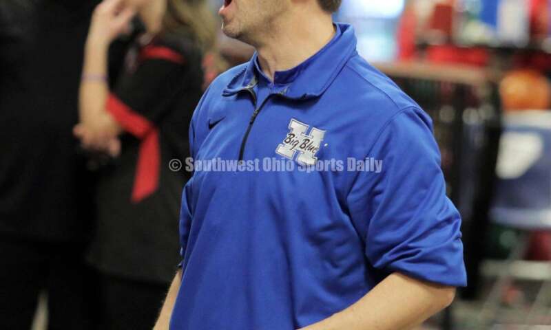 Hamilton High School coach Nick Arvin reacts to a shot March 12, 2022, during the Division I state girls bowling tournament at Wayne Webb's Columbus Bowl. RICK CASSANO/STAFF