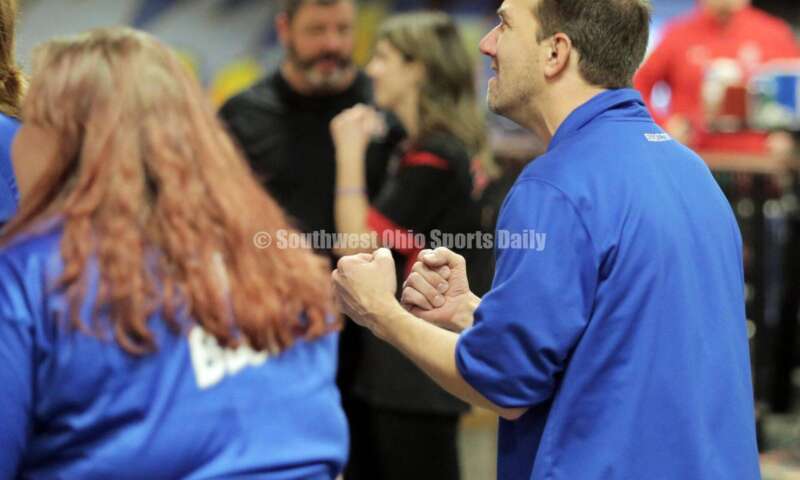 Hamilton High School coach Nick Arvin reacts to a shot March 12, 2022, during the Division I state girls bowling tournament at Wayne Webb's Columbus Bowl. RICK CASSANO/STAFF