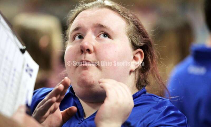 Hamilton High School's Madison Harnish talks with assistant coach Tim Arthur on March 12, 2022, during the Division I state girls bowling tournament at Wayne Webb's Columbus Bowl. RICK CASSANO/STAFF