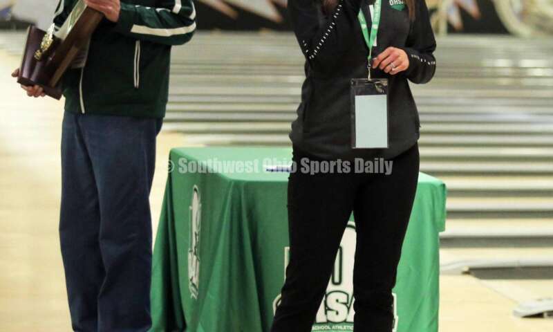 Ohio High School Athletic Administration administrator Emily Mason directs the awards ceremony March 12, 2022, at the Division I state girls bowling tournament at Wayne Webb's Columbus Bowl. RICK CASSANO/STAFF