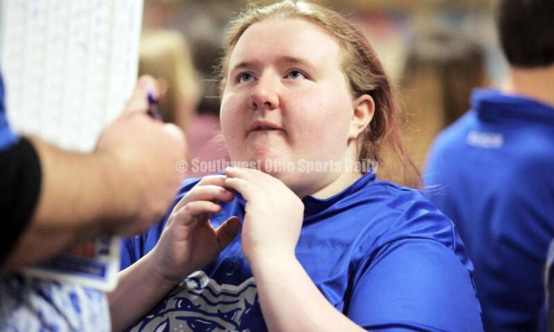 Hamilton High School's Madison Harnish talks with assistant coach Tim Arthur on March 12, 2022, during the Division I state girls bowling tournament at Wayne Webb's Columbus Bowl. RICK CASSANO/STAFF