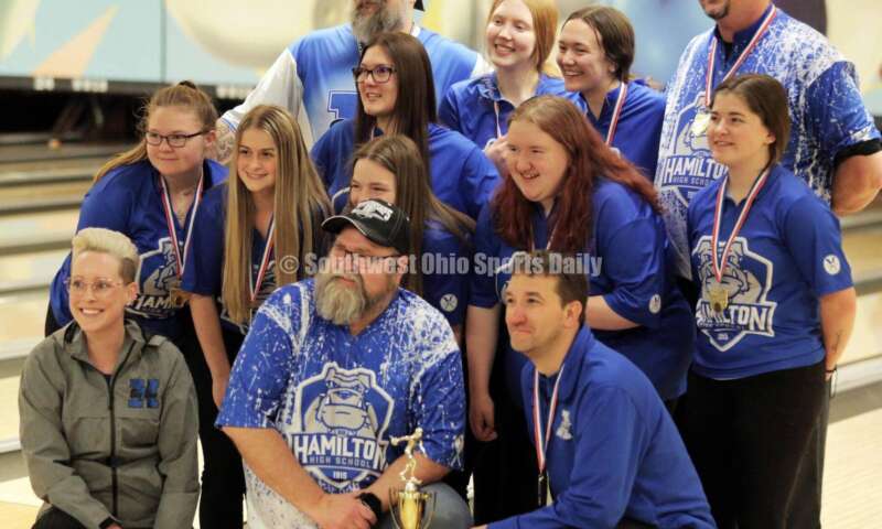 Hamilton High School's girls bowling team celebrates the Division I state championship March 12, 2022, at Wayne Webb's Columbus Bowl. RICK CASSANO/STAFF