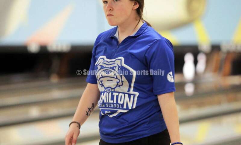 Hamilton High School's Shelbie Deaton reacts to a shot March 12, 2022, during the Division I state girls bowling tournament at Wayne Webb's Columbus Bowl. RICK CASSANO/STAFF