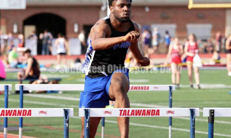 Hamilton High School's Mason King runs in the boys 110-meter hurdles April 16, 2024, during the Dale Plank Invitational track & field meet at Talawanda. RICK CASSANO/STAFF