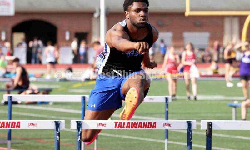 Hamilton High School's Mason King competes in the boys 110-meter hurdles April 16, 2024, during the Dale Plank Invitational track & field meet at Talawanda. RICK CASSANO/STAFF