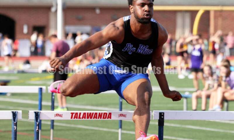 Hamilton High School's Mason King runs in the boys 110-meter hurdles April 16, 2024, during the Dale Plank Invitational track & field meet at Talawanda. RICK CASSANO/STAFF