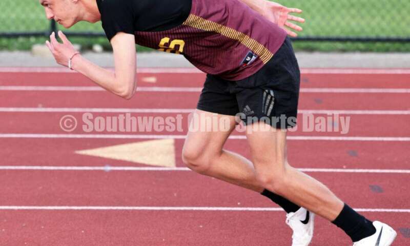 Ross High School's Landyn Campbell takes off in the boys 300-meter hurdles April 16, 2024, during the Dale Plank Invitational track & field meet at Talawanda. RICK CASSANO/STAFF