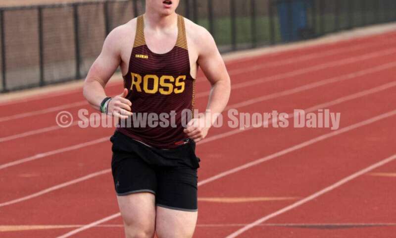 Ross High School's Lucas Kunkel runs in the boys 400-meter race April 16, 2024, during the Dale Plank Invitational track & field meet at Talawanda. RICK CASSANO/STAFF