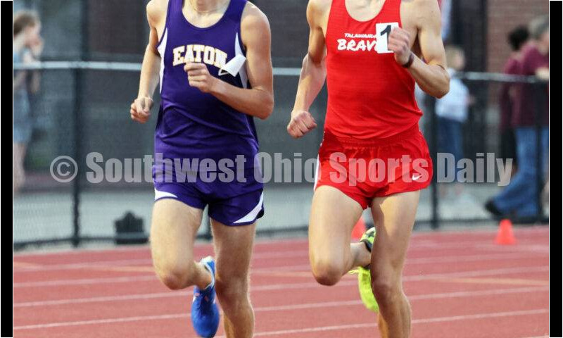 Talawanda High School's Bryson Fears (right) runs next to Eaton's Wes Kitchin in the boys 800 meters April 16, 2024, during the Dale Plank Invitational track & field meet at Talawanda. RICK CASSANO/STAFF