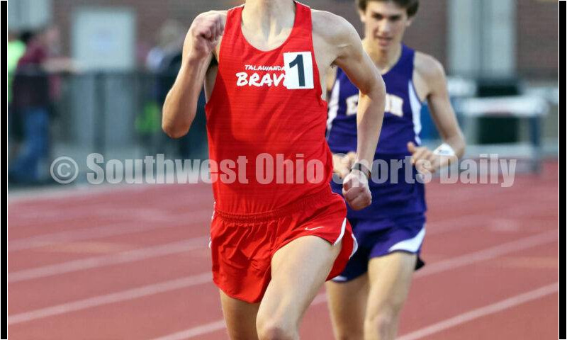 Talawanda High School's Bryson Fears leads the way in the boys 800 meters April 16, 2024, during the Dale Plank Invitational track & field meet at Talawanda. RICK CASSANO/STAFF