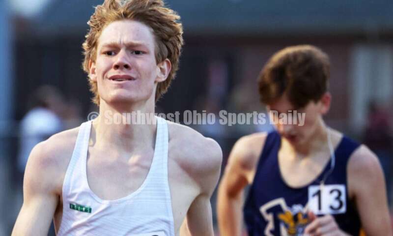 Badin High School's Noah Salek competes in the boys 800 meters April 16, 2024, during the Dale Plank Invitational track & field meet at Talawanda. RICK CASSANO/STAFF
