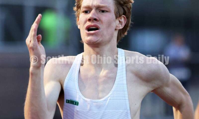 Badin High School's Noah Salek runs in the boys 800-meter race April 16, 2024, during the Dale Plank Invitational track & field meet at Talawanda. RICK CASSANO/STAFF